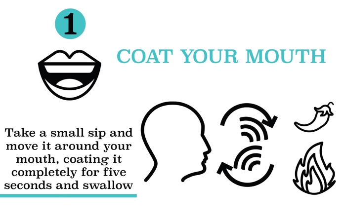 Step 1 - Coat Your Mouth: Take a small sip and move it around your mouth, coating it completely for five seconds and swallow.