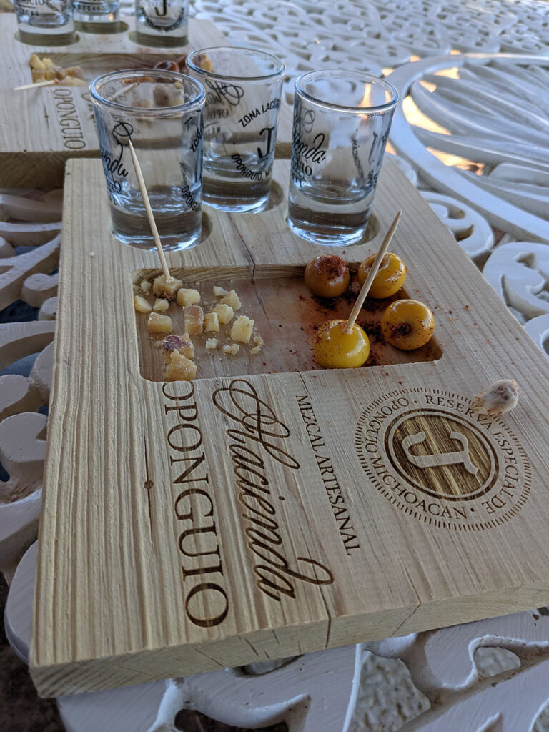 Three glasses with olives and cheese on a wooden board